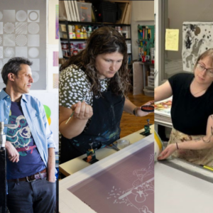 Left to Right: Alexis Nutini in his workshop, Leslie Friedman adjusting a silkscreen, Justine Ditto working on a print