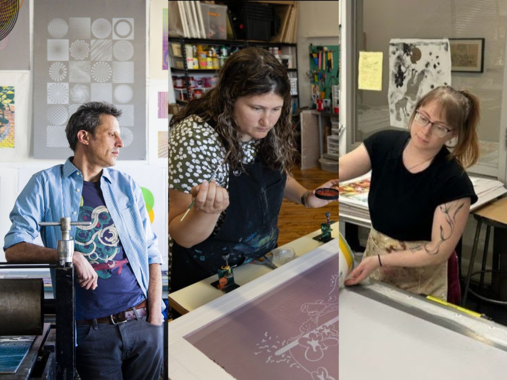 Left to Right: Alexis Nutini in his workshop, Leslie Friedman adjusting a silkscreen, Justine Ditto working on a print